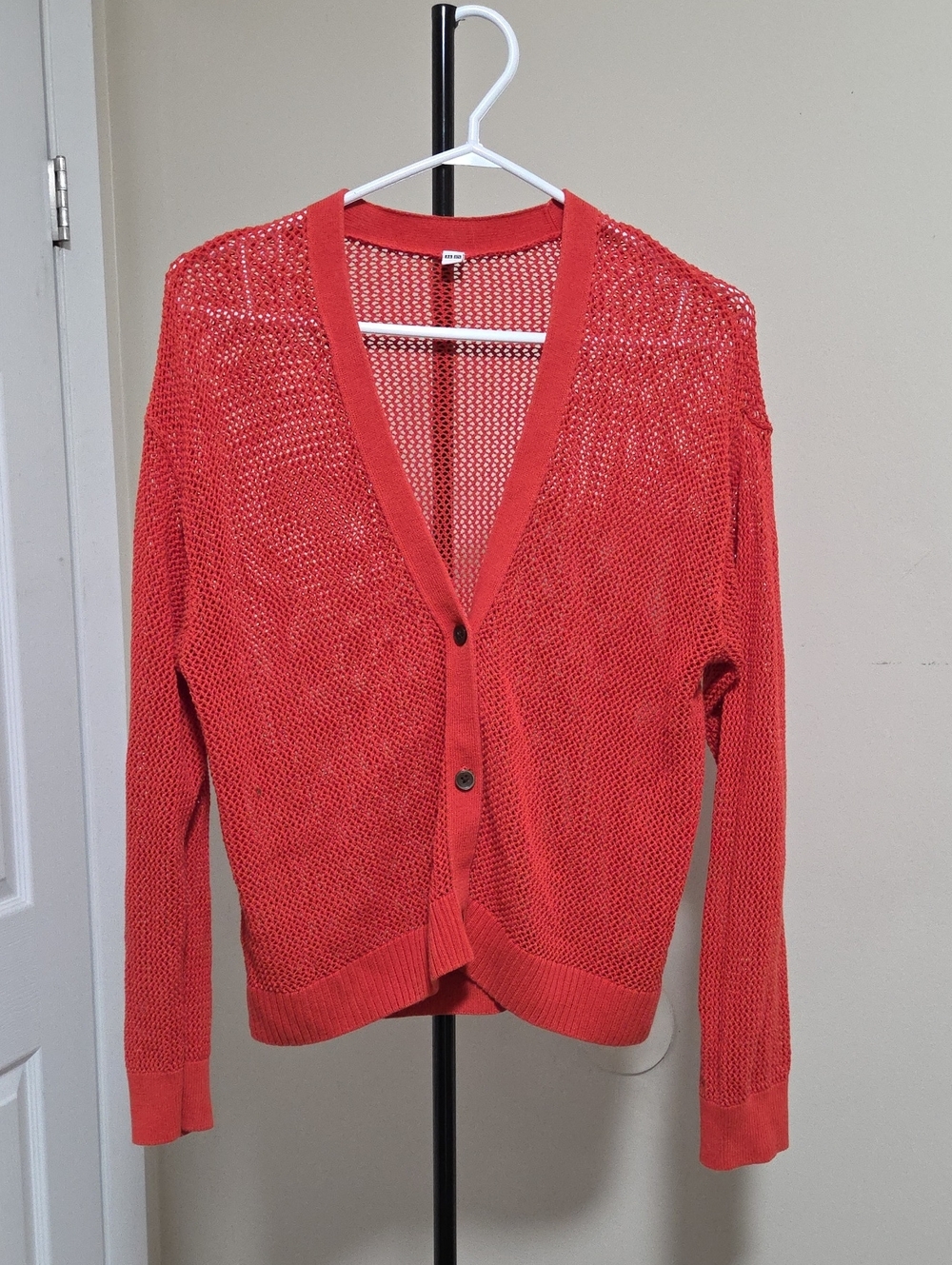 Uniqlo Coral Open-Knit V-Neck Button Cardigan